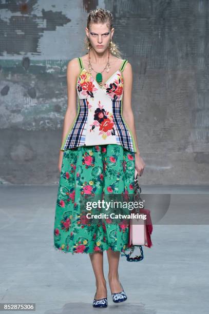 Model walks the runway at the Marni Spring Summer 2018 fashion show during Milan Fashion Week on September 24, 2017 in Milan, Italy.