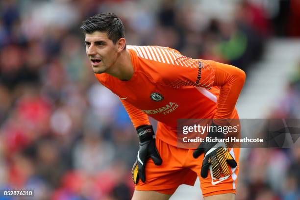 Thibaut Courtois of Chelsea in action during the Premier League match between Stoke City and Chelsea at Bet365 Stadium on September 23, 2017 in Stoke...