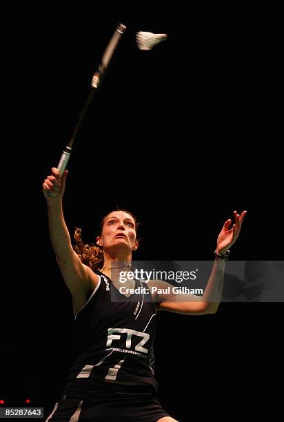 Tine Rasmussen of Denmark in action on her way to winning against Jiang Yanjiao of China during the semi-finals of the Yonex All England Open...