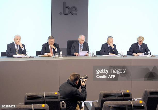 Fortis Holding CEO Karel De Boeck, chairman Jozef De Mey, Belgian Prime Minister Herman Van Rompuy, BNP Paribas CEO Baudouin Prot, Belgian Finance...