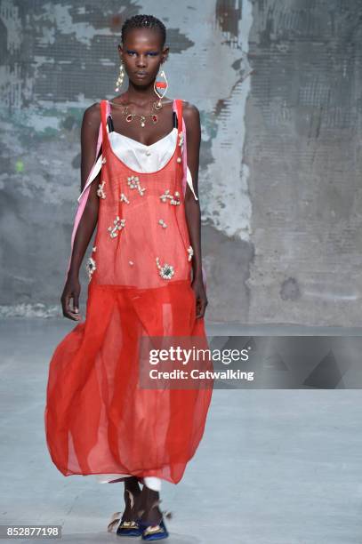 Model walks the runway at the Marni Spring Summer 2018 fashion show during Milan Fashion Week on September 24, 2017 in Milan, Italy.