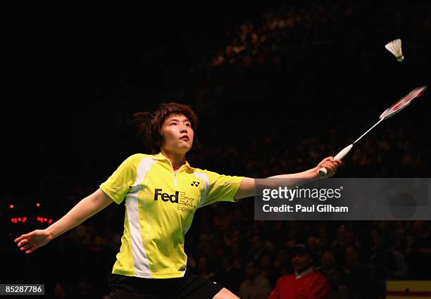 Jiang Yanjiao of China in action against Tine Rasmussen of Denmark during the semi-finals of the Yonex All England Open Badminton Championship 2009...