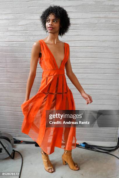 Model is seen backstage ahead of the Trussardi show during Milan Fashion Week Spring/Summer 2018on September 24, 2017 in Milan, Italy.