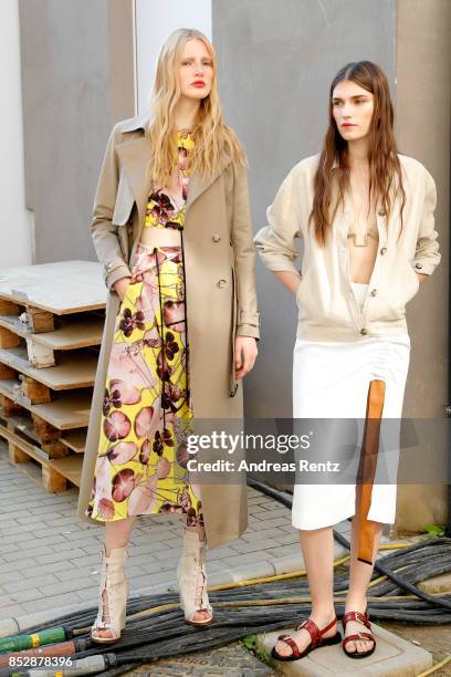 Models are seen backstage ahead of the Trussardi show during Milan Fashion Week Spring/Summer 2018on September 24, 2017 in Milan, Italy.