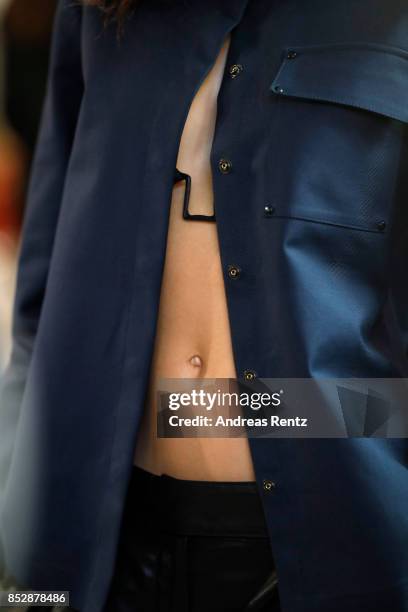 Model, fashion detail, is seen backstage ahead of the Trussardi show during Milan Fashion Week Spring/Summer 2018on September 24, 2017 in Milan,...