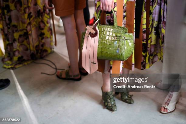 Model, fashion detail, is seen backstage ahead of the Trussardi show during Milan Fashion Week Spring/Summer 2018on September 24, 2017 in Milan,...