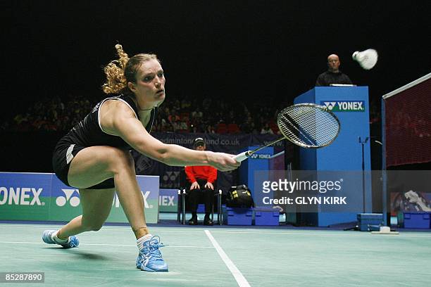 Tine Rasmussen of Denmark competes in her women's semi final match against Jiang Yanjiao of China during the All England Open Badminton Championships...