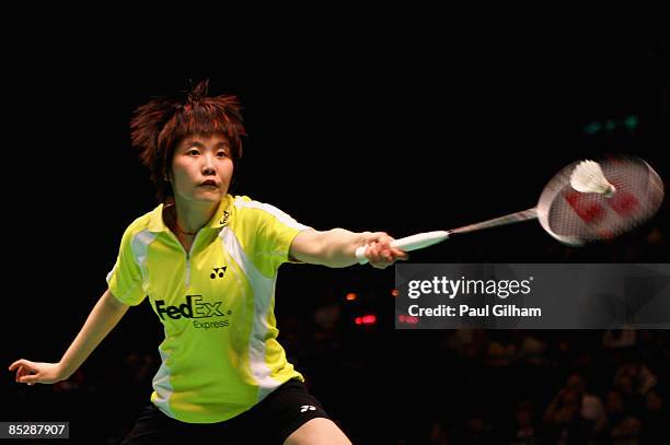 Jiang Yanjiao of China in action against Tine Rasmussen of Denmark during the semi-finals of the Yonex All England Open Badminton Championship 2009...