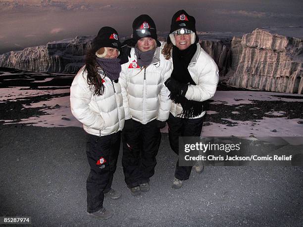 Cheryl Cole, Fearne Cotton and Denise Van Outen pose in front of the Kilimanjaro Galcier as they reach the top of Mount Kilimanjaro on the seventh...