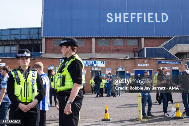 Police stand outside Hillsborough, home stadium of Sheffield Wednesday prior to the Sky Bet Championship match between Sheffield Wednesday and...