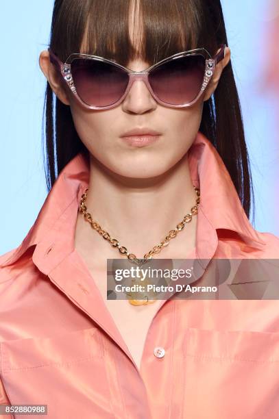 Model, sunglasses detail, walks the runway at the Laura Biagiotti show during Milan Fashion Week Spring/Summer 2018 on September 24, 2017 in Milan,...