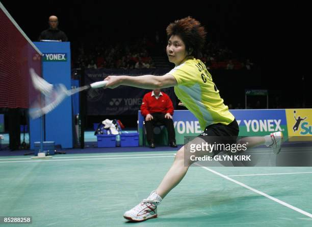 Jiang Yanjiao of China competes in her women's semi final match against Tine Rasmussen of Denmark during the All England Open Badminton Championships...