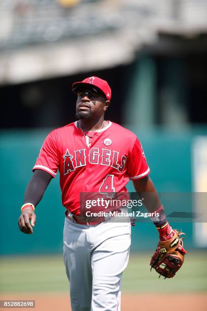 Brandon Phillips of the Los Angeles Angels of Anaheim stands on the field during the game against the Oakland Athletics at the Oakland Alameda...