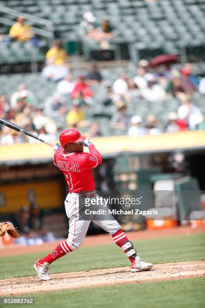 Eric Young Jr. #8 of the Los Angeles Angels of Anaheim bats during the game against the Oakland Athletics at the Oakland Alameda Coliseum on...
