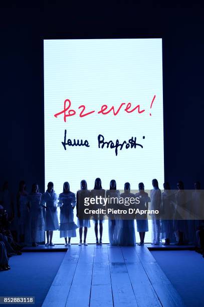 Models walk the runway at the Laura Biagiotti show during Milan Fashion Week Spring/Summer 2018 on September 24, 2017 in Milan, Italy.