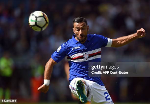 Sampdoria's Italian forward Fabio Quagliarella plays the ball during the Italian Serie A football match between Sampdoria vs AC Milan at the Luigi...