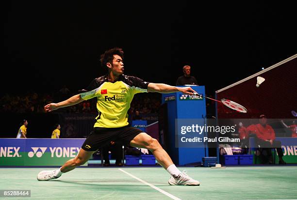 Lin Dan of China in action on his way to winning against Chen Jin of China during the semi-finals of the Yonex All England Open Badminton...