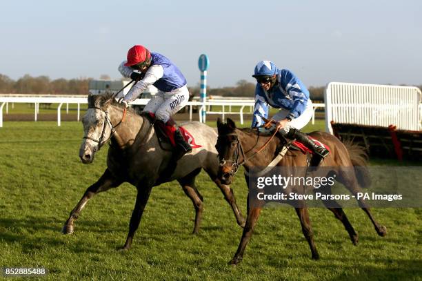 Mickie ridden by Richard Johnson beats Cannon Fodder ridden by Marc Goldstein to win the William Hill - Download The App Mares' Handicap Hurdle race...