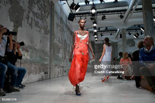 Models walk the runway at the Marni Spring Summer 2018 fashion show during Milan Fashion Week on September 24, 2017 in Milan, Italy.