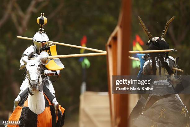 Luke Binks of Australia and Arne Koets of the Netherlands compete in the World Jousting Championships on September 24, 2017 in Sydney, Australia. The...