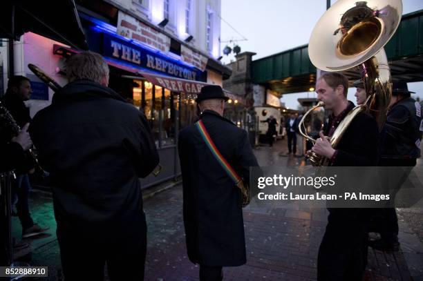 Band leads mourners to the wake after the funeral of Ronnie Biggs at Golders Green Crematorium, north London.