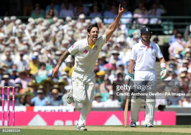 England's Ian Bell looks-on as Australia's Mitchell Johnson celebrates taking the wicket of England's James Anderson during day two of the Fifth Test...