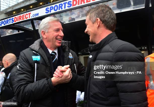 New Cardiff City manager Ole Gunnar Solskjaer and Newcastle United's Alan Pardew shake hands before the FA Cup Third Round match at St James' Park,...