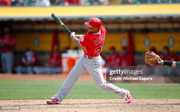 Ben Revere of the Los Angeles Angels of Anaheim bats during the game against the Oakland Athletics at the Oakland Alameda Coliseum on September 6,...