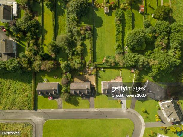 aerial view of a housing estate - birds eye view garden stock pictures, royalty-free photos & images