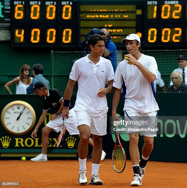 Jesse Huta Galung and Rogier Wassen of the Netherlands during their day 2 Davis Cup 2009 World Group match between the Netherlands and Argentina at...