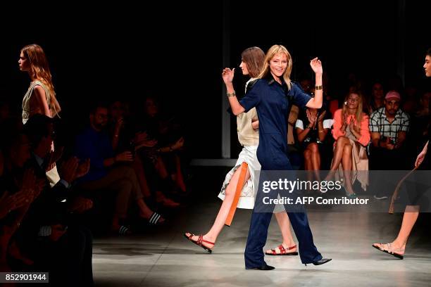 Designer Gaia Trussardi greets the audience at the end of the show for fashion house Trussardi during the Women's Spring/Summer 2018 fashion shows in...