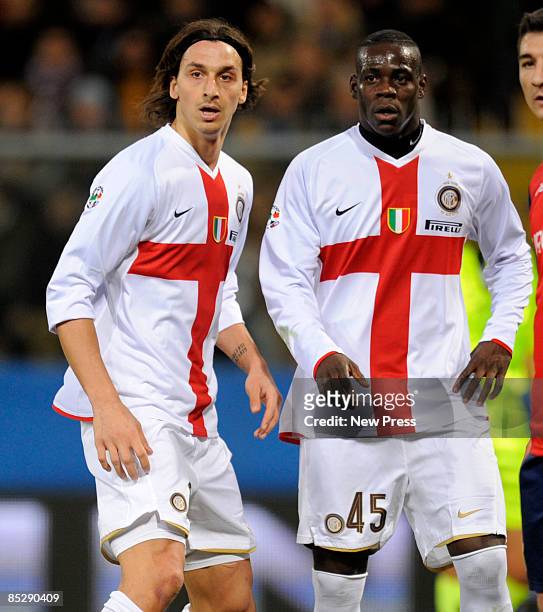Zlatan Ibrahimovic and Mario Balotelli of Inter Milan during the Serie A match between Genoa and Inter Milan at the Stadio Marassi on March 07, 2009...