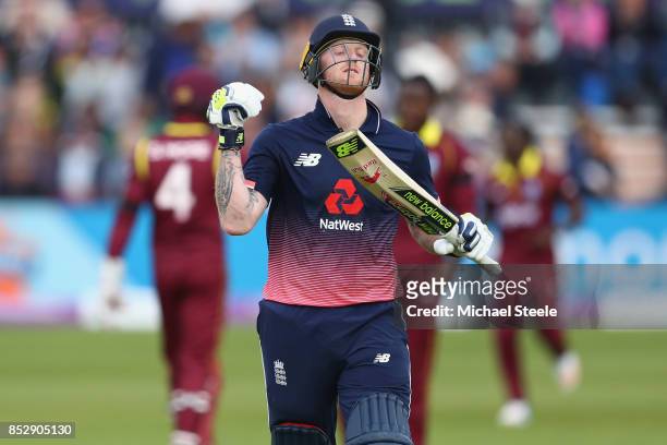 Ben Stokes of England shows his frustration after being dismissed off the bowling of Rovman Powell for 73 runs during the third Royal London One Day...