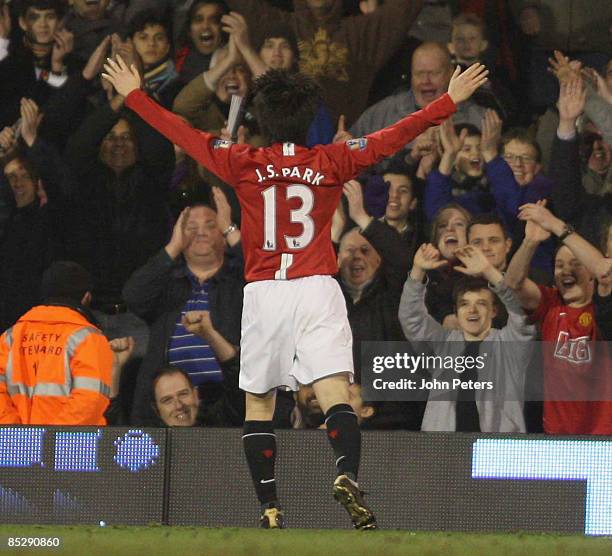 Ji-Sung Park of Manchester United celebrates scoring their fourth goal during the FA Cup sponsored by e.on Sixth Round match between Fulham and...