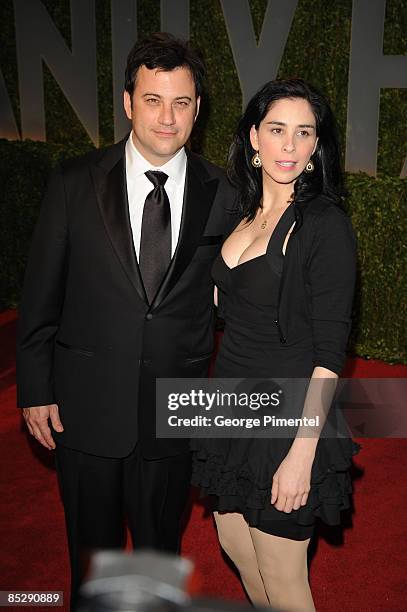 Host Jimmy Kimmel and comedian/actress Sarah Silverman arrive at the 2009 Vanity Fair Oscar Party Hosted By Graydon Carter at the Sunset Tower on...