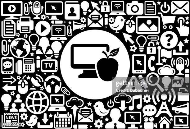 laptop and apple icon black and white internet technology background - hybrid learning stock illustrations