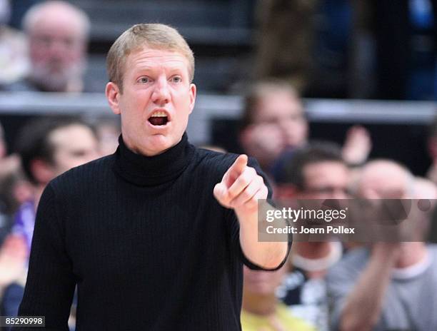 Head coach John Patrick of Goettingen gestures during the Basketball Bundesliga match between MEG Goettingen and Alba Berlin at the Lokhalle on March...