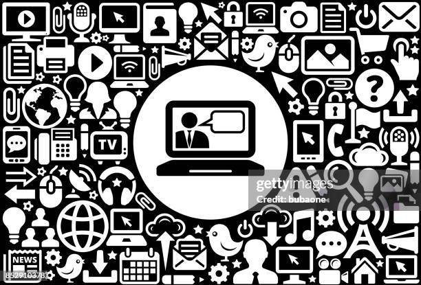 laptop and online chat icon black and white internet technology background - hybrid learning stock illustrations