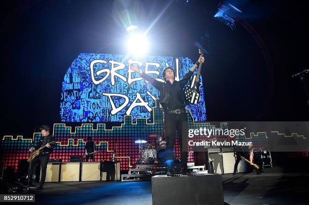 Mike Dirnt and Billie Joe Armstrong of Green Day performs onstage during the 2017 Global Citizen Festival in Central Park on September 23, 2017 in...