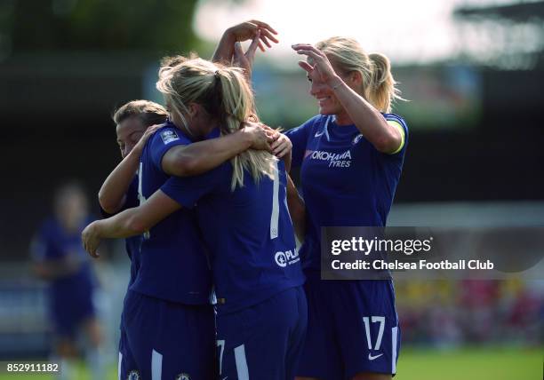 Drew Spence of Chelsea celebrates with her team mates after putting her side 1-0 up during a WSL Match between Chelsea Ladies and Bristol Academy...