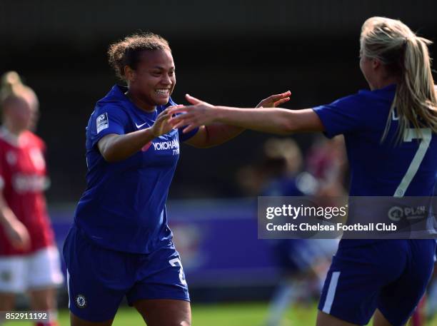 Drew Spence of Chelsea celebrates after putting her side 1-0 up during a WSL Match between Chelsea Ladies and Bristol Academy Women on September 24,...