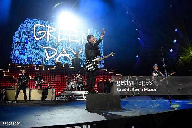 Tre Cool, Mike Dirnt and Billie Joe Armstrong of Green Day performs onstage during the 2017 Global Citizen Festival in Central Park on September 23,...