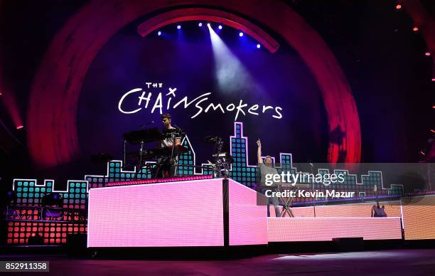 Andrew Taggart and Alex Pall of The Chainsmokers performs onstage during the 2017 Global Citizen Festival in Central Park on September 23, 2017 in...