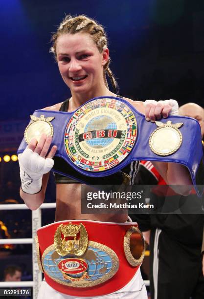 Alesia Graf poses after winning the WIBF and GBU World Championship fight between Alesia Graf of Germany and Magdalena Dahlen of Germany at the...
