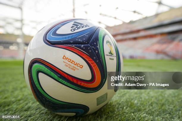 Detail of the Official FIFA match ball, the brazuca, at the Arena Amazonia, Manaus, Brazil.