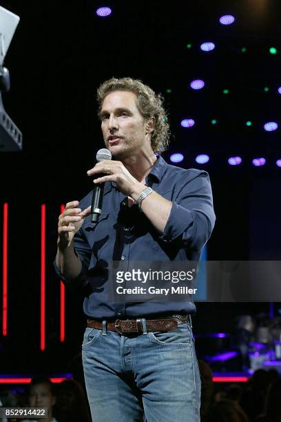 Matthew McConaughey emcees the "Texas Strong: Hurricane Harvey Can't Mess With Texas" benefit at The Frank Erwin Center on September 22, 2017 in...
