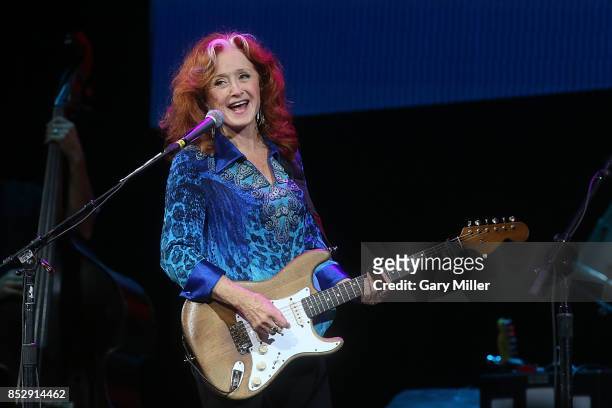 Bonnie Raitt performs in concert during the "Texas Strong: Hurricane Harvey Can't Mess With Texas" benefit at The Frank Erwin Center on September 22,...