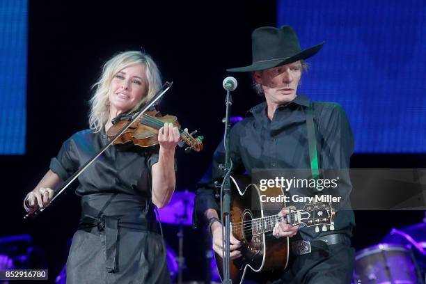 Martie Maguire and Charlie Sexton perform in concert during the "Texas Strong: Hurricane Harvey Can't Mess With Texas" benefit at The Frank Erwin...