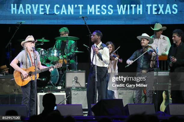 Willie Nelson and Leon Bridges perform in concert during the "Texas Strong: Hurricane Harvey Can't Mess With Texas" benefit at The Frank Erwin Center...