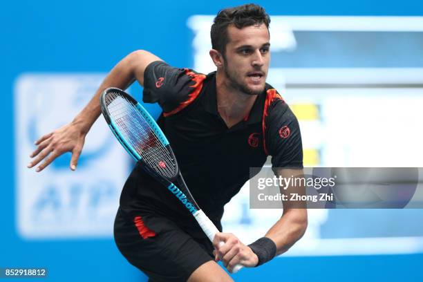 Mate Pavic of Croatia in action during the match against Zihao Xia of China during Qualifying second round of 2017 ATP Chengdu Open at Sichuan...